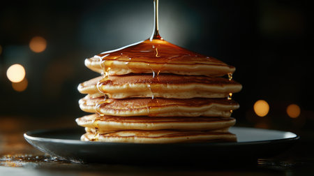 Stacked pancakes with syrup being drizzled over them, against a dark backdrop. The scene captures the essence of a hearty and indulgent breakfast.の素材