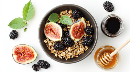 Top view of a bowl filled with granola, fresh figs, blackberries, and a honey jar on a white background, showcasing a wholesome meal.の素材