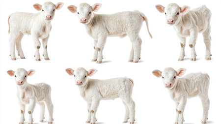 Collection of white calf images, featuring standing poses isolated on a white background. Great for farm animal bundles and educational materials.の素材