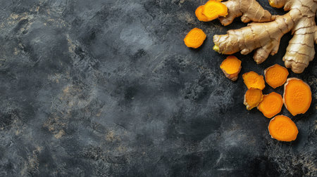 Raw ginger and turmeric arranged on a dark stone surface, captured from above. The bright colors contrast beautifully with the dark background.の素材