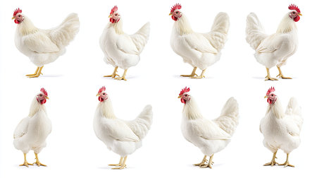 A bundle of white chicken images in various poses (portrait, standing, profile), isolated on a white background. Great for showcasing poultry.の素材