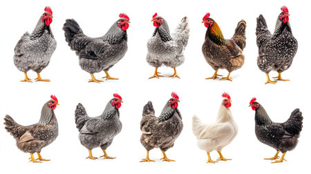 California gray chicken collection, featuring various poses, isolated on a white background. Ideal for animal-themed designs and educational content.の素材