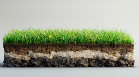3D render of green grass ground, isolated background section with soil, perfect for garden or environmental themes. Cross-section platform with rock surface and mud, ideal for generative AI illustrations.の素材