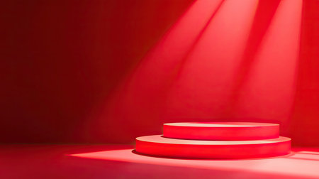 Empty red podium stage with spotlight, designed for product displays. Abstract scene with red background, featuring shadow textures and a perspective showroom for presentations.の素材