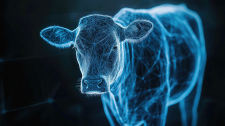 Concept image of a digital holographic cow highlighting advancements in agriculture and veterinary fields. Great for modern and technology-focused themes.の素材