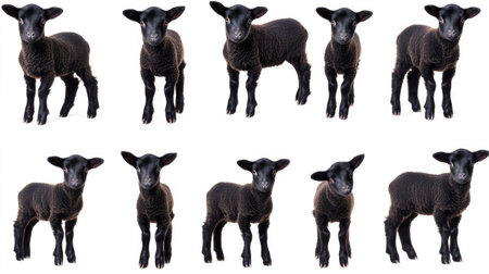 A set of black lamb images in portrait and standing positions, isolated on a white background. Great for showcasing diverse livestock.の素材
