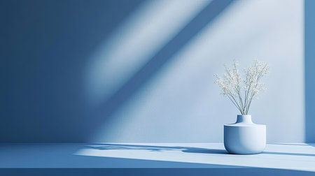 Minimalist blue tabletop in front of a blue wall, creating a simple yet elegant product stage.の素材
