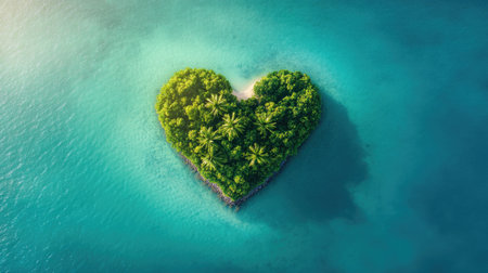 Drone view of a heart-shaped palm island in the ocean, surrounded by vast negative space.の素材