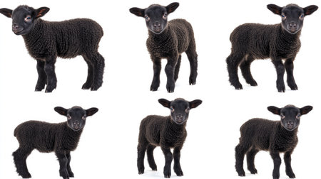 A set of black lamb images in portrait and standing positions, isolated on a white background. Great for showcasing diverse livestock.の素材