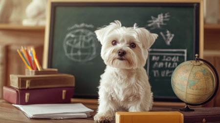 Adorable Maltese dog surrounded by school supplies, including a chalkboard with math formulas and a globe, set against a beige background. Perfect for back-to-school themes.の素材