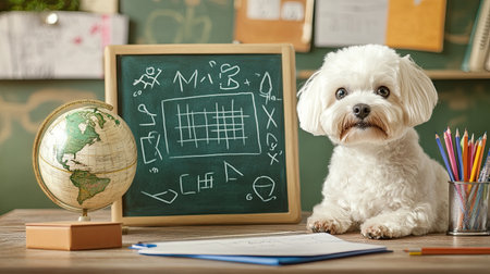 Cute Maltese dog with a chalkboard displaying math formulas, a globe, and various school stationery on a beige background. Ideal for educational themes.の素材