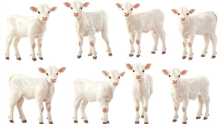 A set of images showcasing a white calf in various vertical standing positions, isolated on a white background. Perfect for animal collections and farm illustrations.の素材