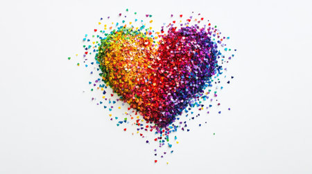 Rainbow confetti heart on a clean white backdrop, providing space for personalized messages or designs.の素材
