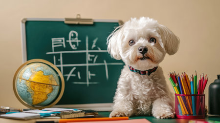 Adorable Maltese dog surrounded by school supplies, including a chalkboard with math formulas and a globe, set against a beige background. Perfect for back-to-school themes.の素材