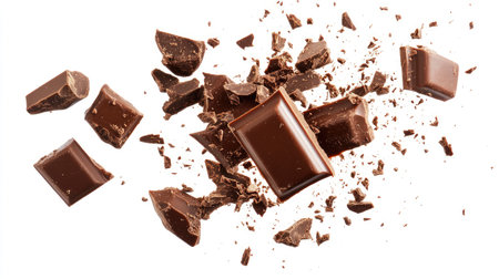 Exploding chocolate bar pieces with candy chunks and broken cocoa, isolated on a white background. Perfect for food and snack designs with a focus on milk and dark chocolate.の素材