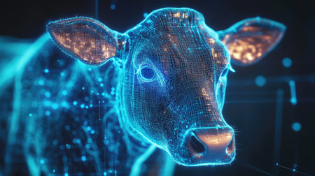 Digital holographic cow representing the latest advancements in agriculture and veterinary technology. Perfect for futuristic and tech-based designs.の素材