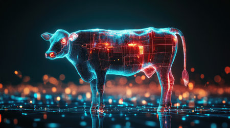 Futuristic digital holographic cow image showcasing advancements in agriculture and veterinary technology. Ideal for concept illustrations and tech-themed projects.の素材