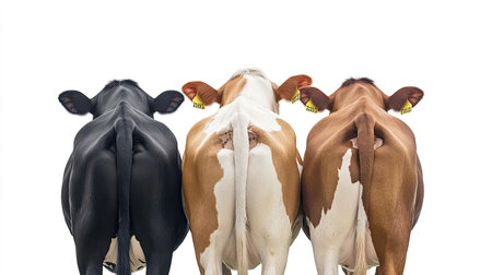 Backside perspective of three colored cows (black, brown, and white) looking over their shoulders. Isolated on a pristine white background for animal-themed designs.の素材