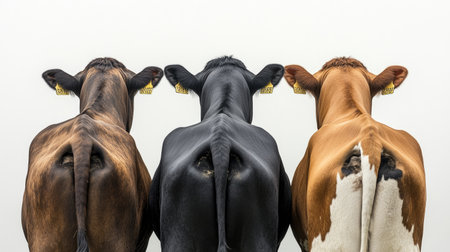 Rear view of three cows in black, brown, and white, glancing back. Set against a white background, ideal for showcasing diverse livestock.の素材