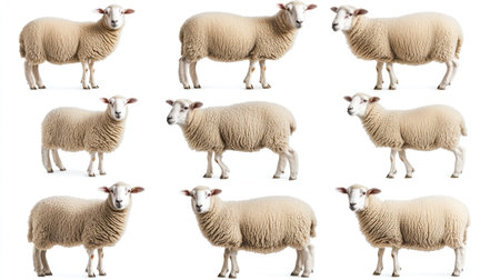Portrait and standing images of sheep, isolated on a white background. Perfect for diverse animal collections and farm illustrations.の素材