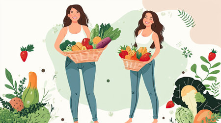 Vector illustration of a happy, smiling woman in oversized jeans, holding a basket of fresh fruits and vegetables, proudly showing her weight loss results.の素材