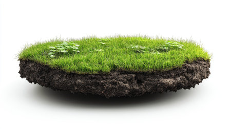 3D grass ground platform with green lawn and garden soil, isolated background. Circular display stand featuring plant cross-sections and topographic environment, with a mudstone texture.の素材