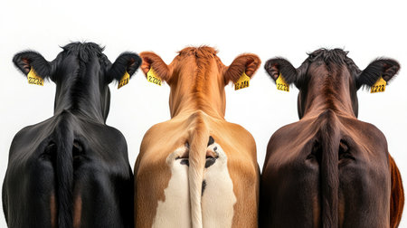 View from the back of three cows in different colors (black, brown, and white) looking slightly behind. Isolated on a white background, perfect for animal collections.の素材
