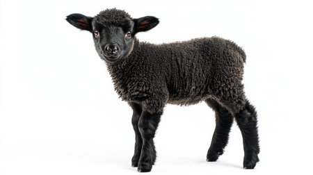 Portrait and standing images of a black lamb, isolated on a white background. Ideal for animal collections and farm-related projects.の素材