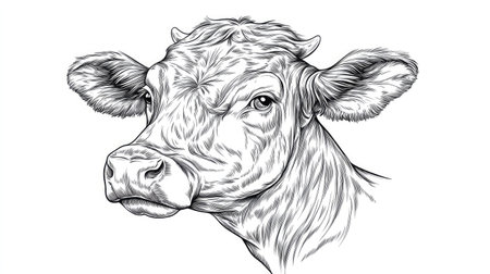 Hand-drawn line art sketch of a farm cow head, detailed in engraving style. Ideal for rustic designs and agricultural illustrationsの素材
