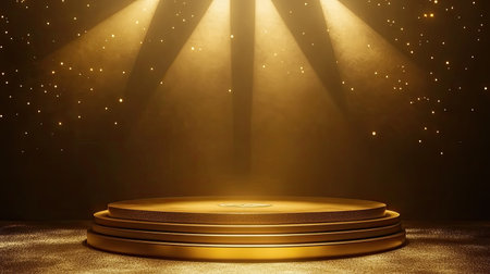 Golden podium on an award stage, illuminated by stage lights. Luxurious gold background with spotlight and starry shine, designed for prize and champion presentations.の素材