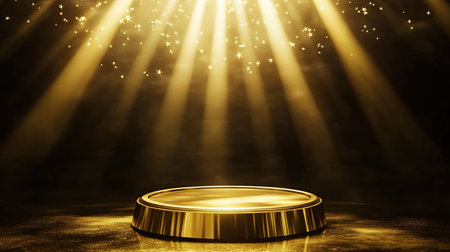 Gold background podium award stage with golden light and 3D platform. Luxury gold podium for winner ceremony with spotlight, shining stars, and abstract design. Perfect for champion and victory show.の素材