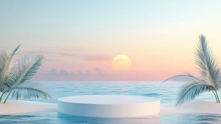 3D summer podium background for product display, showcasing a beach and ocean theme. Ideal for beauty scenes, sale templates, and travel ads.の素材