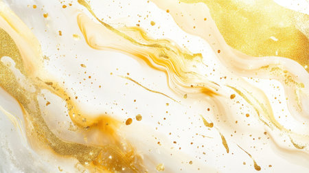 Gold ink abstract background with watercolor effects and liquid textures. Ideal for luxury designs, featuring marble patterns, glitter, and modern splash elements.の素材