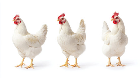 Portrait, standing, and profile images of a white chicken, isolated on a white background. Perfect for diverse animal collections and farm projects.の素材