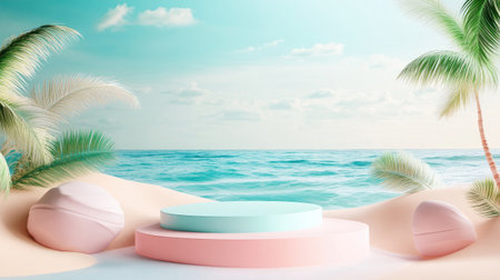 3D summer podium background for product display, showcasing a beach and ocean theme. Ideal for beauty scenes, sale templates, and travel ads.の素材