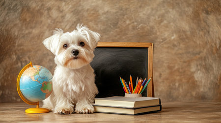 Maltese dog with educational items such as a chalkboard, globe, and stationery, on a beige background. Great for school-related designs.の素材