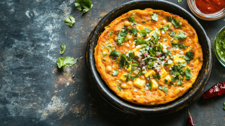 Besan Chilla stuffed with paneer, an Indian dish made from chickpea flour and cottage cheese, shown with advertising space. Ideal for promoting nutritious meals.の素材