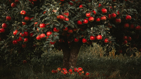 A tree laden with ripe red apples, symbolizing abundance and natural produce. Ideal for farming and gardening visuals.の素材