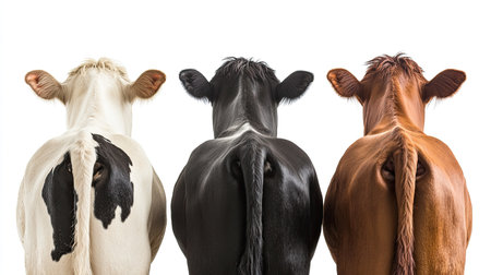 Rear view of three cows in black, brown, and white, glancing back. Set against a white background, ideal for showcasing diverse livestock.の素材