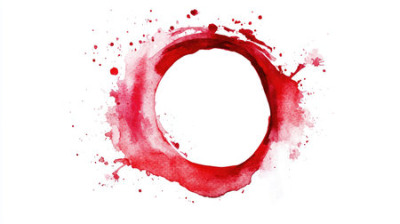 Red drink stain ring isolated on white, featuring watercolor circle marks. Perfect for abstract and grunge designs with splatter and splash effects.の素材