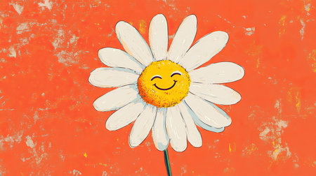 Adorable daisy blossom with a smiling emoticon, vintage funky cartoon design. Perfect for 2000s style decals and simple artwork on a plain backdrop.の素材