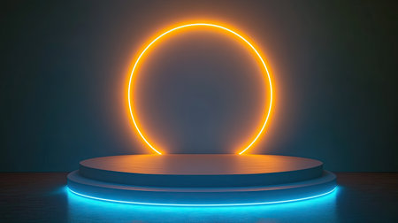 3D light tech podium with a futuristic design, featuring a glowing effect and modern stage. Ideal for technology product displays, gaming, and abstract presentations.の素材