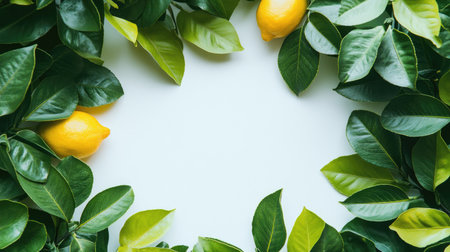 Light green leaves arranged in a corner frame with a bright yellow middle, ideal for fresh and nature-themed designs. Perfect for text overlays.の素材