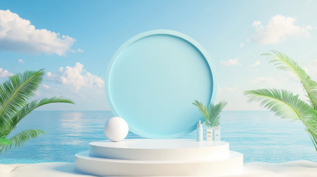 3D summer podium setup for product display, featuring a beach and sea theme. Perfect for cosmetic scenes and sale advertisements, with a blue sky and travel banner.の素材