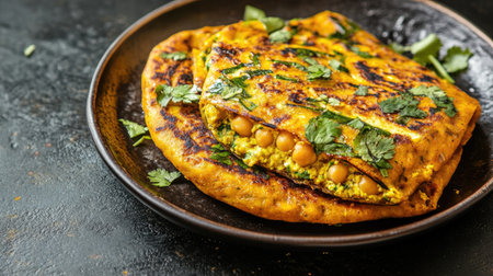 Besan Chilla stuffed with paneer, an Indian dish made from chickpea flour and cottage cheese, shown with advertising space. Ideal for promoting nutritious meals.の素材