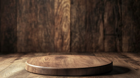 Wooden podium background with a circular platform for product display. Featuring a textured floor and empty shelf, ideal for beauty and spa designs.の素材