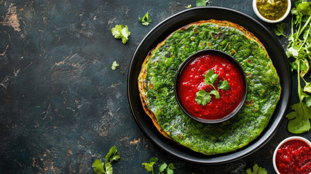 Indian Palak Dosa with a spinach batter, served with red chutney, displayed with advertising space. Great for promoting delicious and healthy meals.の素材