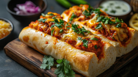 Pav Bhaji with a generous cheese filling, displayed with advertising space. Perfect for promoting mouth-watering Indian street food.の素材