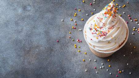 Creamy vanilla soft serve yogurt ice cream on a concrete table with scattered toppings. Ideal for dessert banners with copy text space.の素材