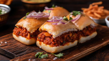 Pav Bhaji with a generous cheese filling, displayed with advertising space. Perfect for promoting mouth-watering Indian street food.の素材